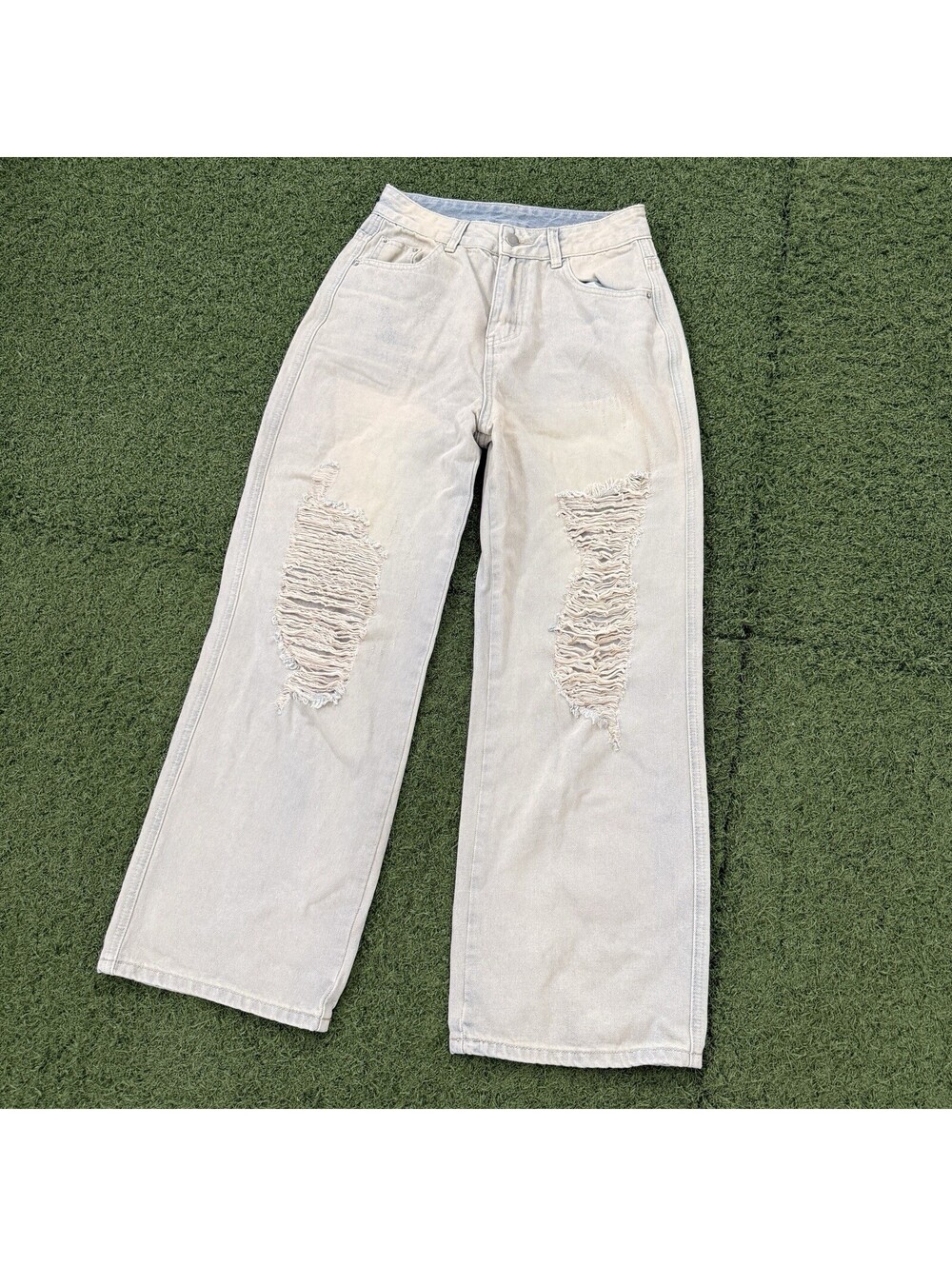 Women’s Light Wash Distressed Wide Leg Jeans High Rise Ripped Knee Y2K Denim W26